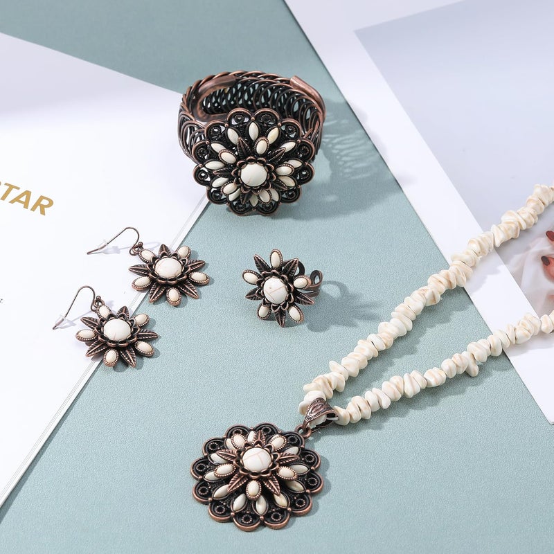 JMScape 4 PCS Western Turquoise Jewelry for Women Boho Vintage Navajo Pearl Necklace Earring Bracelet Ring Set Country Cowgirl Accessories for Gift - Image 3